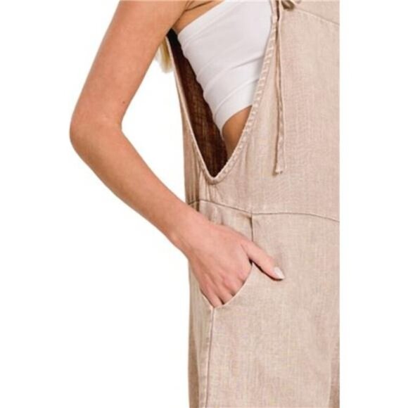 Zenana Washed Linen Knot Strap Rompers - Picture 3 of 3